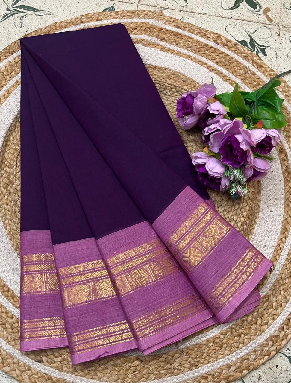Deep Plum Purple Kanchi Cotton Saree With Lavender Zari Temple Border